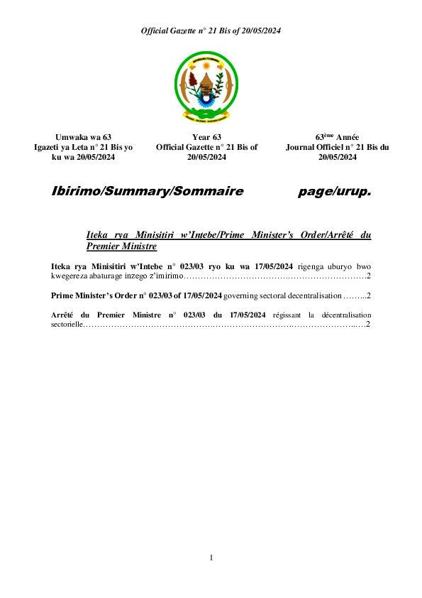 Iteka rya Minisitiri w' Intebe rigenga Uburyo bwo Kwegereza Abaturage Inzego z' Imirimo 2024