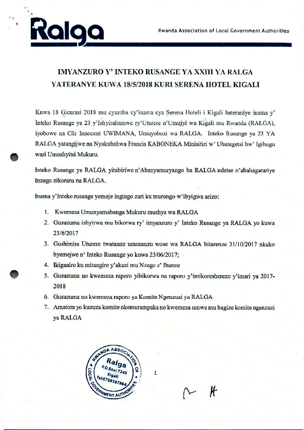 Imyanzuro yÍnteko Rusange ya RALGA-18th May 2018