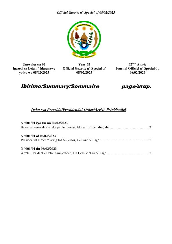 Iteka rya Perezida ryerekeye Umurenge Akagari n' Umudugudu 2023