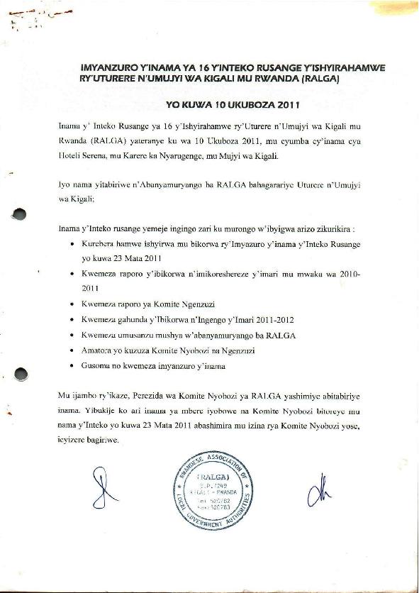 Imyanzuro yÍnteko Rusange ya RALGA-10th December 2011