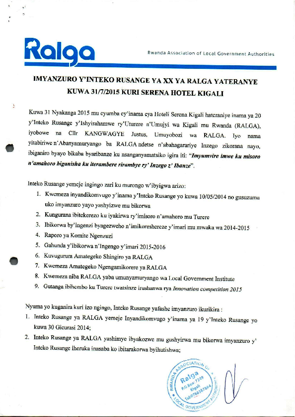 Imyanzuro yÍnteko Rusange ya RALGA-31th July 2015
