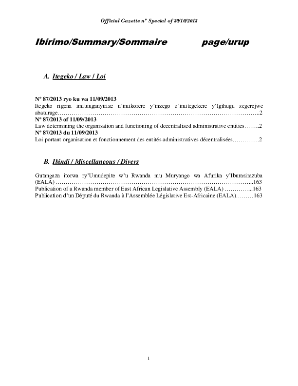 Itegeko rigena Imitunganyirize n' Imikorere y' Inzego z' Imitegekere  y' Igihugu zegerejwe Abaturage 2013