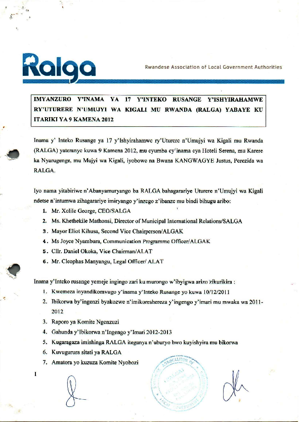 Imyanzuro yÍnteko Rusange ya RALGA-9th June 2012