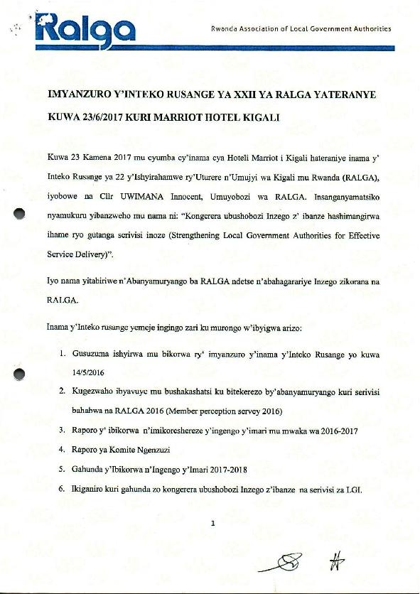 Imyanzuro yÍnteko Rusange ya RALGA-23th June 2017
