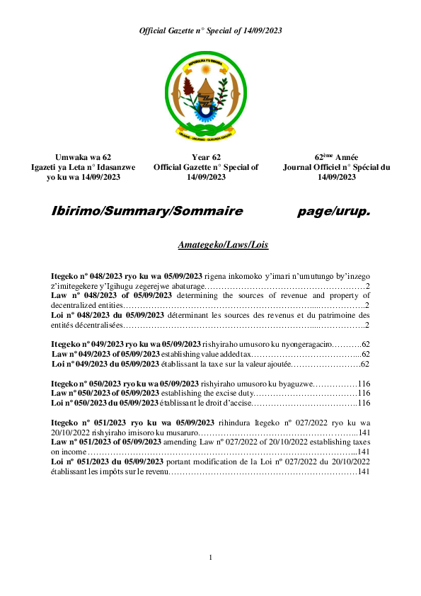 Itegeko rigena Inkomoko y' Imari n' Umutungo by' Inzego z' Imitegekere y' Igihugu Zegerejwe Abaturage 2023