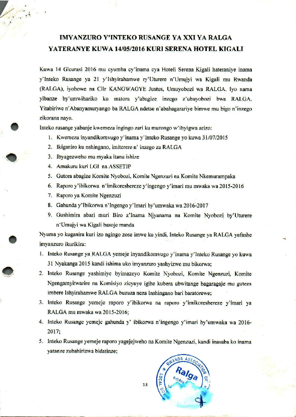 Imyanzuro yÍnteko Rusange ya RALGA-14th May 2016